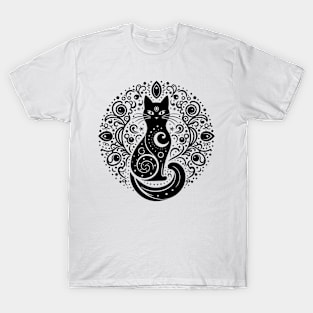 The Mystery Feline Mandala. Black T-Shirt